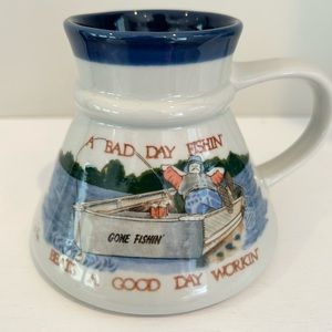 Vintage Fishing Mug Figi Wide Bottom Travel Non Slip Gone Fishin Outdoors
